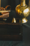 2-Fold Gilded Oil Lamp with Wooden Dock